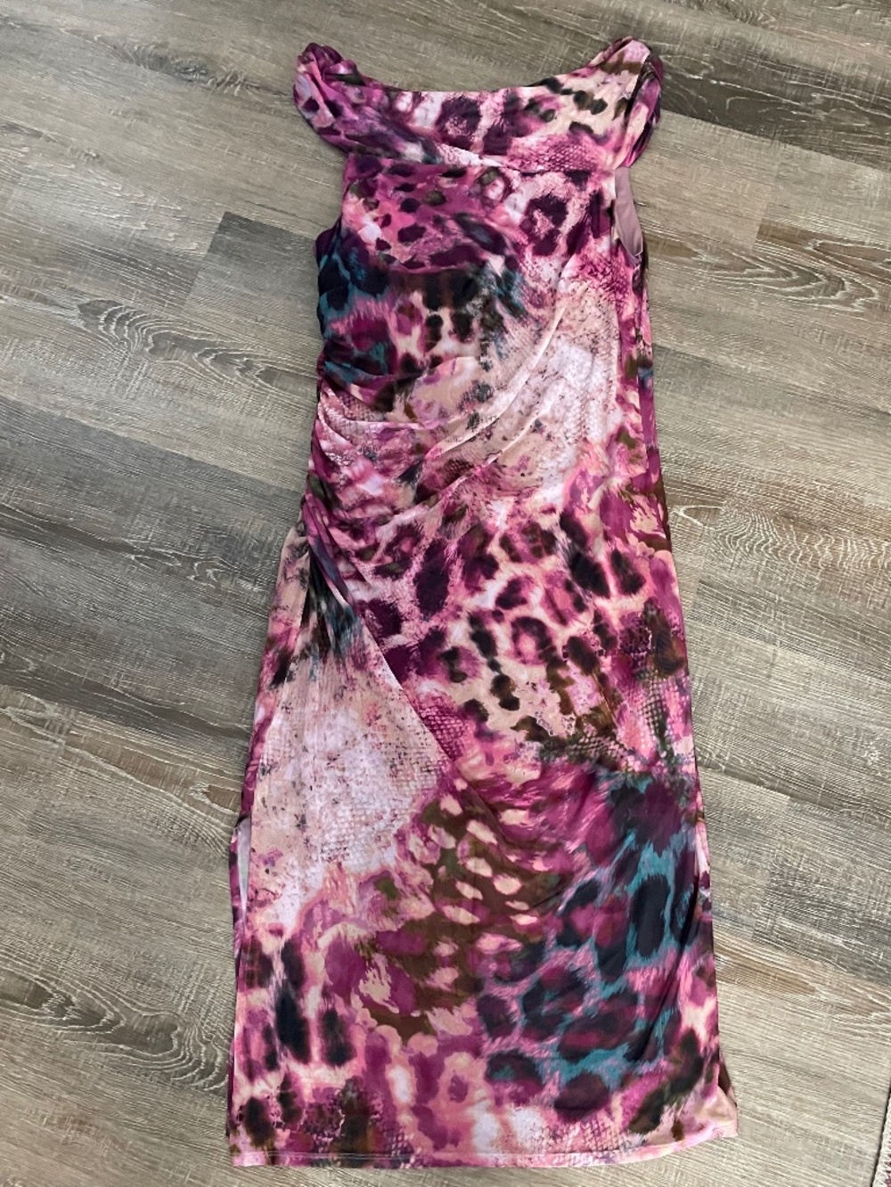 Off the Shoulder Scoop Neck Fitted Midi Dress Size 12P Abstract Print NWT